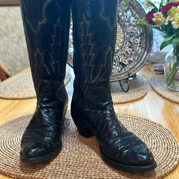 Ostrich Panhandle Slim Black Leather Boots Vtg Panhandle Slim Black Ostrich & Shark Men main image 4